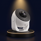 The Solis Astra galaxy projector on a lit black podium, head tilted up
