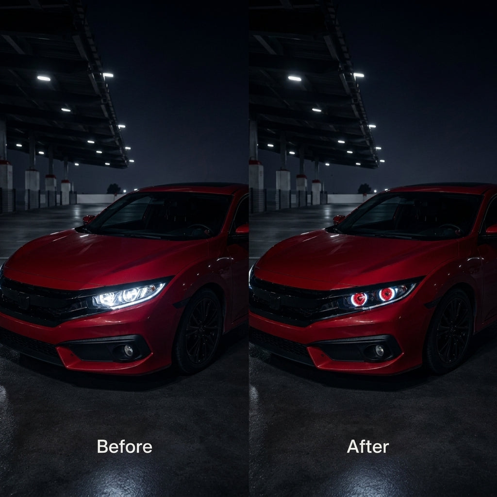 Solis Iris Animated Devil Eye Headlights — before and after on a car at night