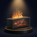 The Solis Hearth in black, three-quarter view, showing the long glass front and the printed log bed