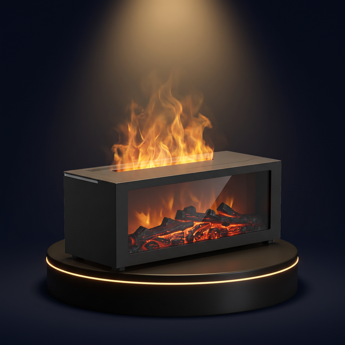 The Solis Hearth in black, three-quarter view, showing the long glass front and the printed log bed