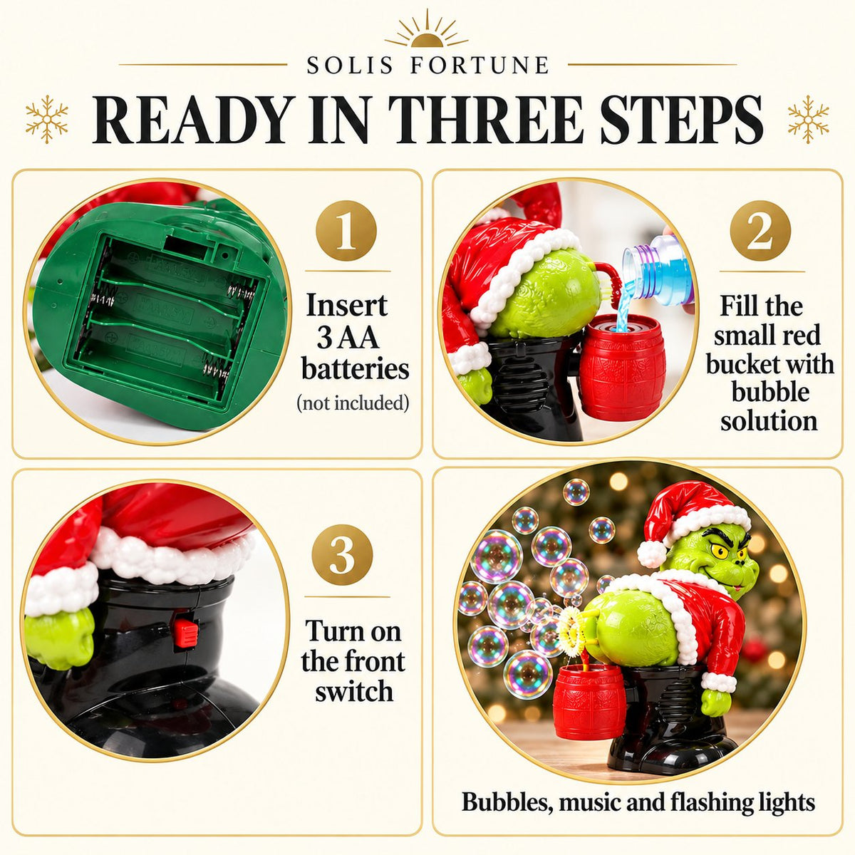 Grinch bubble machine — Christmas bubble machine setup: 3 AA batteries, fill the red bucket, front switch, Solis Jingle Bum
