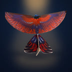 The real Solis Falco seen from above with both wings fully spread, showing the printed orange-red feather pattern and the forked tail