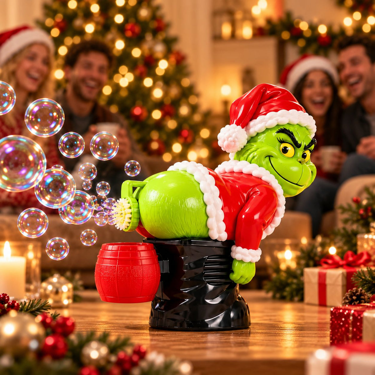 Grinch bubble machine — Green Santa bubble machine on a table at a Christmas gathering, Solis Jingle Bum
