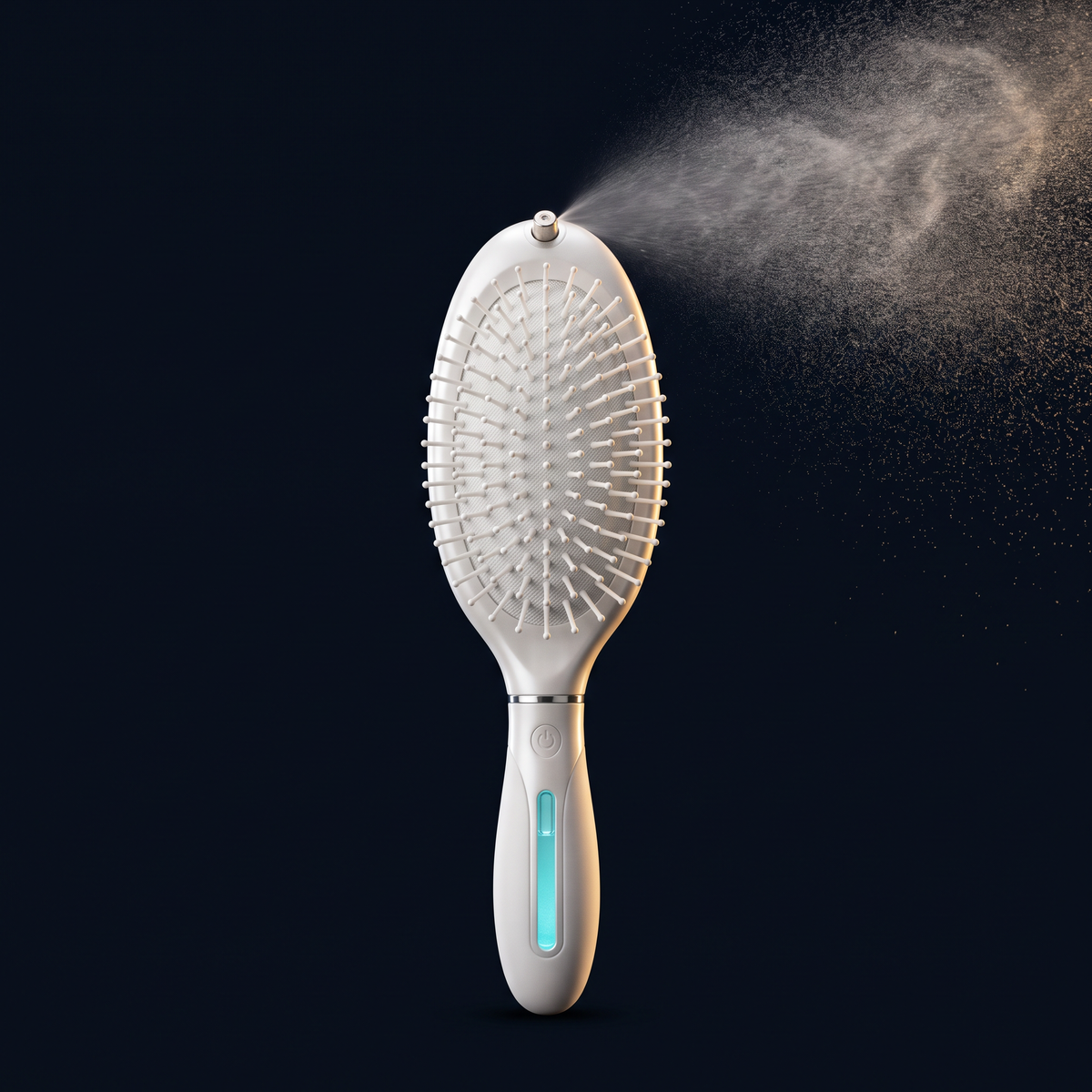 Solis Mist Hydrating Hair Brush — brush standing upright with a fine mist plume catching gold rim-light