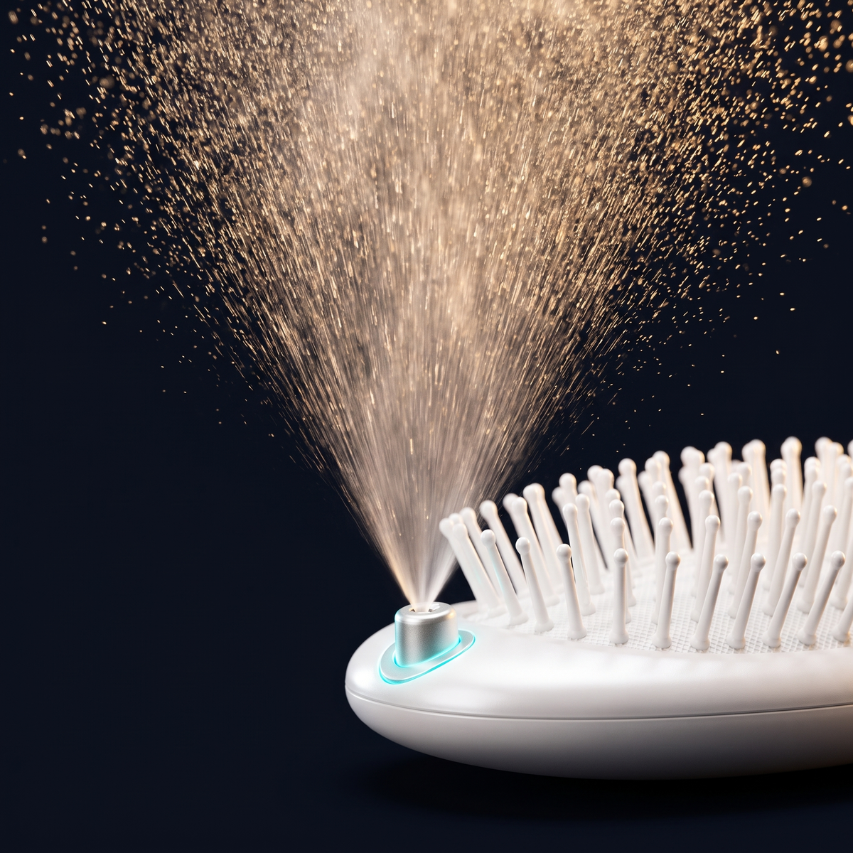 Solis Mist Hydrating Hair Brush — Macro of the mist nozzle mid-spray