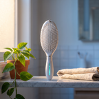 Solis Mist Hydrating Hair Brush — Standing on a marble bathroom shelf beside a plant