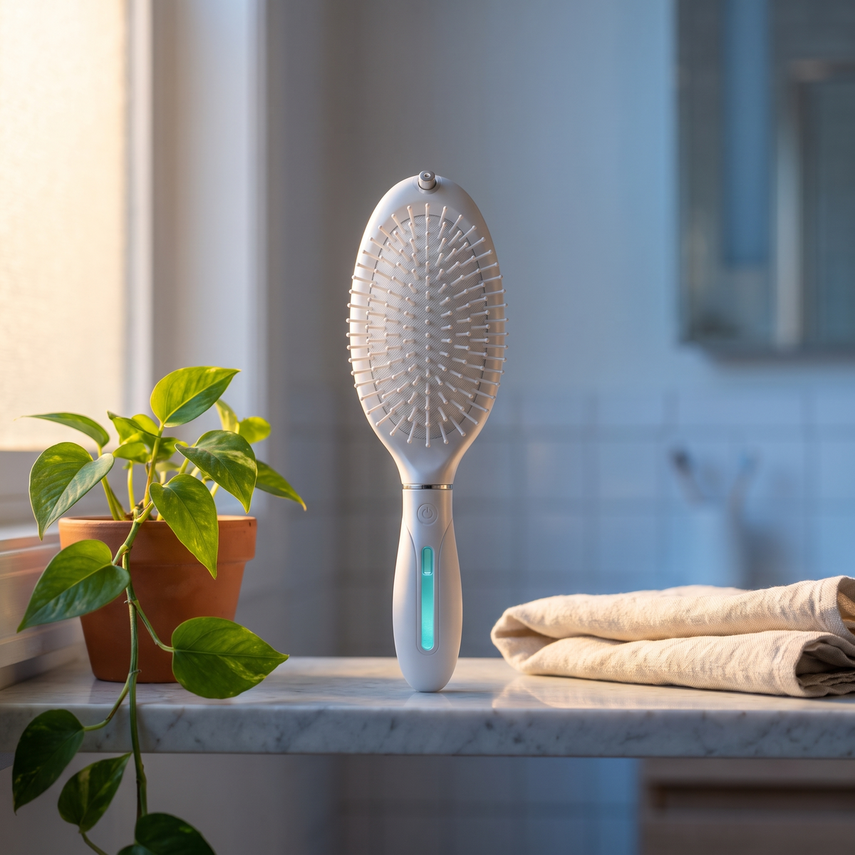 Solis Mist Hydrating Hair Brush — Standing on a marble bathroom shelf beside a plant