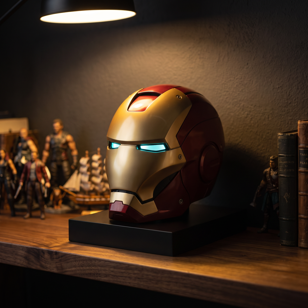 Solis Aegis MK-V Collector Helmet — On a shelf in a collector's room