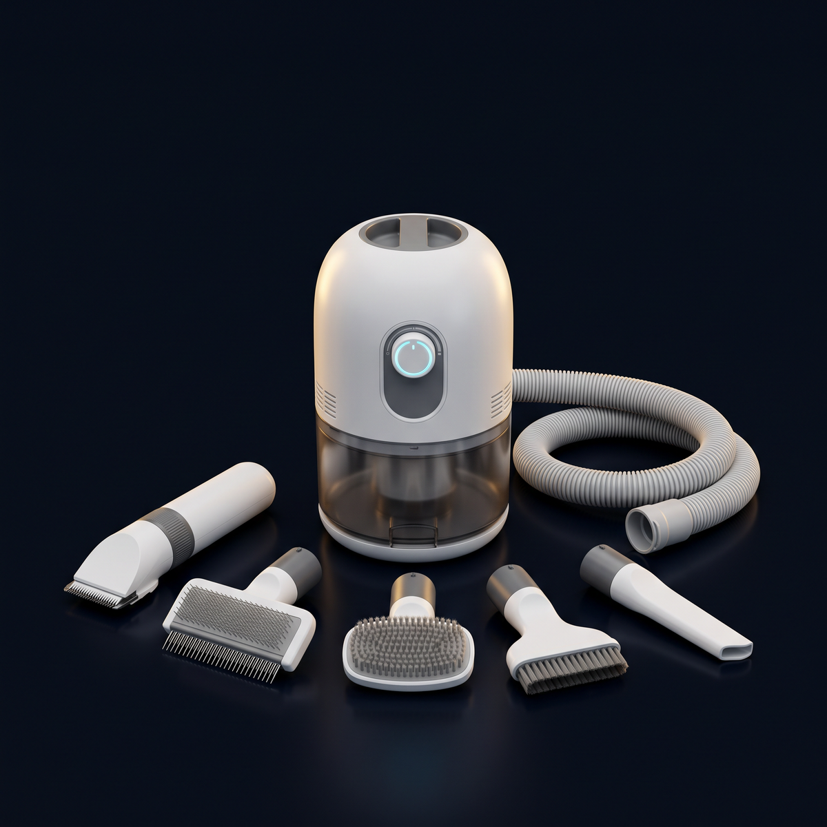 Solis Groom Pro 5-in-1 Pet Grooming Vacuum — canister with hose coiled and all five heads fanned around it