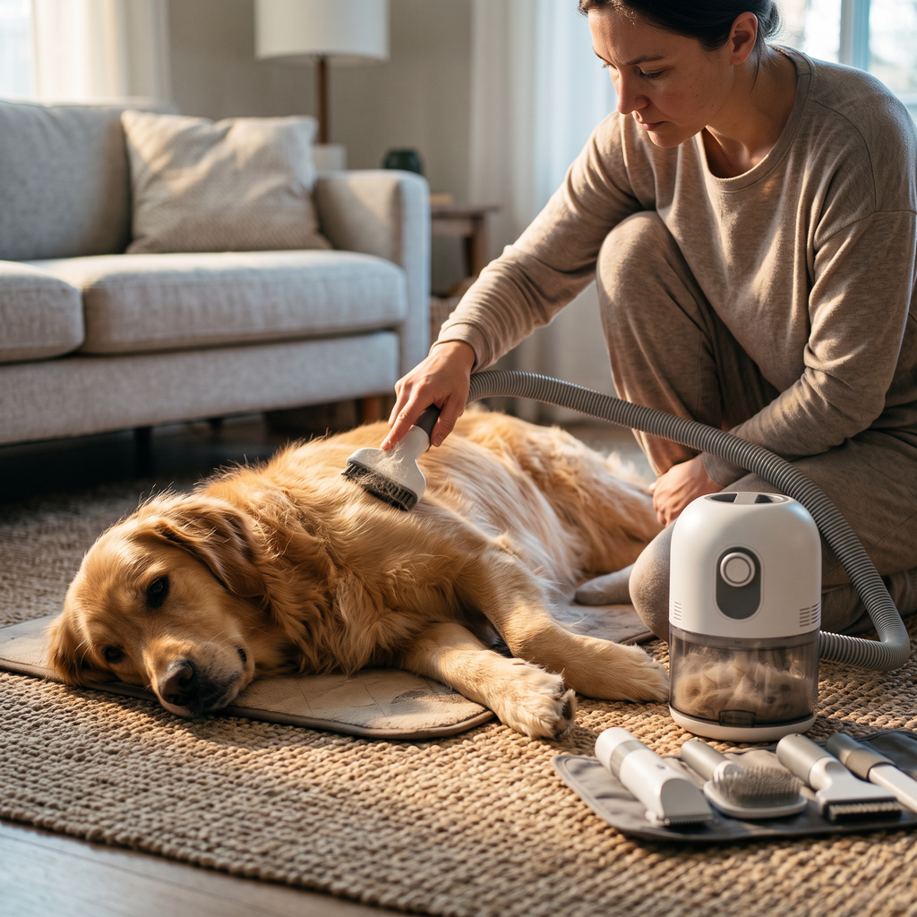 Solis Groom Pro 5-in-1 Pet Grooming Vacuum — Grooming a golden retriever on a mat