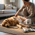Solis Groom Pro 5-in-1 Pet Grooming Vacuum — Grooming a golden retriever on a mat