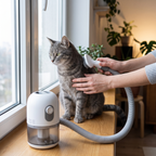 Solis Groom Pro 5-in-1 Pet Grooming Vacuum — Grooming a cat on a windowsill