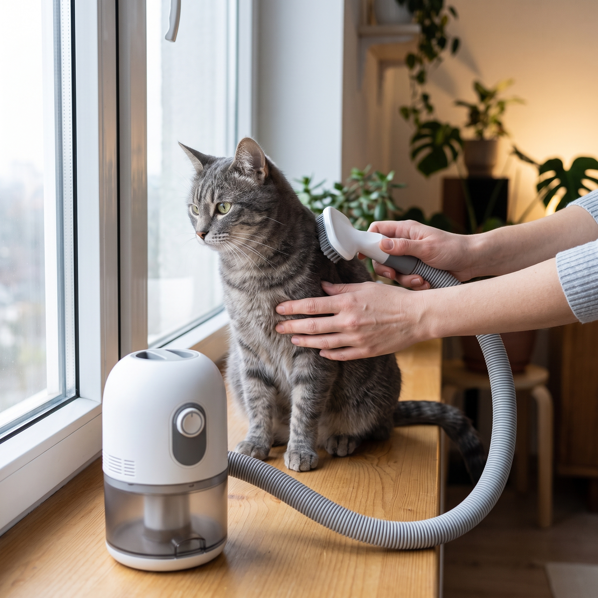 Solis Groom Pro 5-in-1 Pet Grooming Vacuum — Grooming a cat on a windowsill