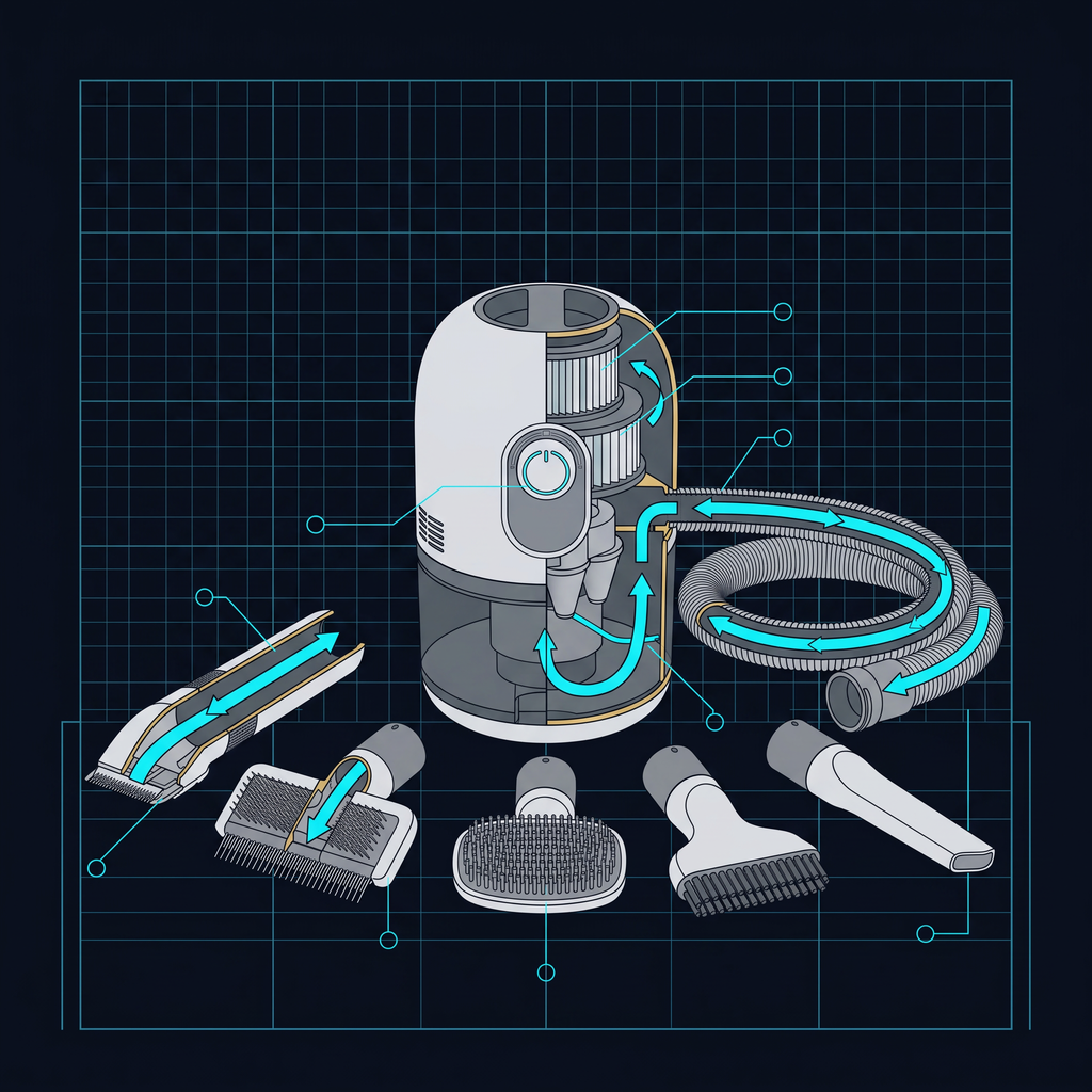 Solis Groom Pro 5-in-1 Pet Grooming Vacuum — airflow path from head to canister