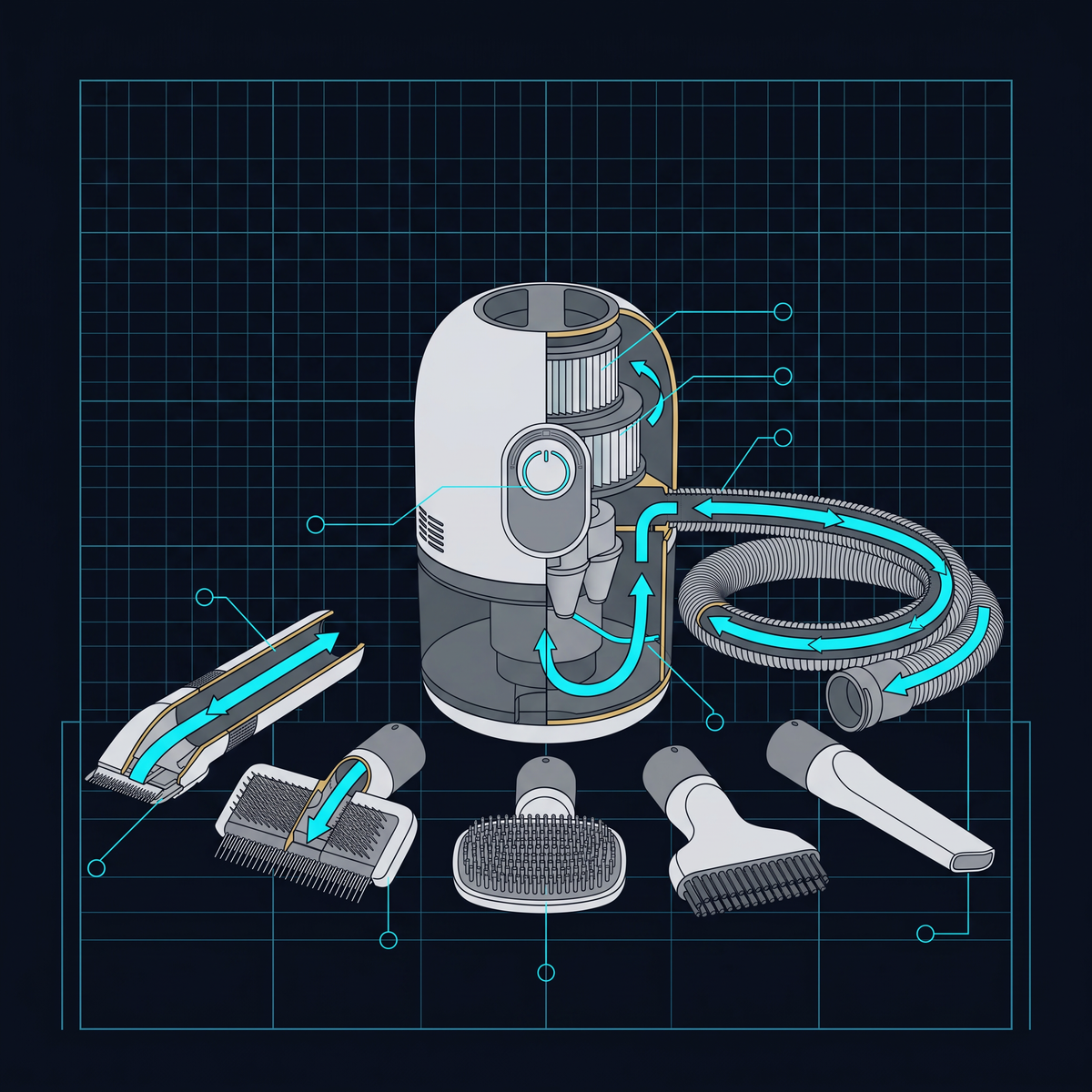 Solis Groom Pro 5-in-1 Pet Grooming Vacuum — airflow path from head to canister