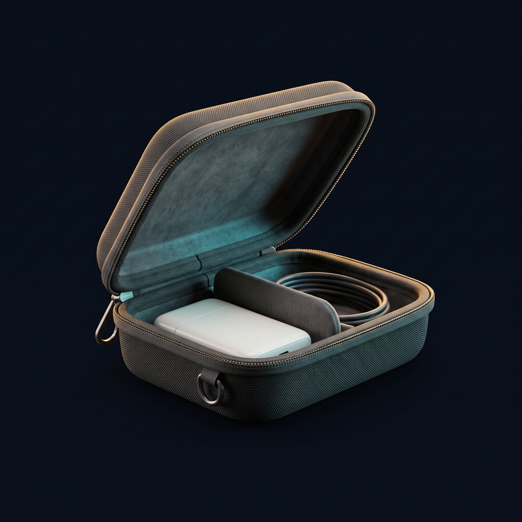 Solis Carry Case — case open at 45 degrees with a device inside