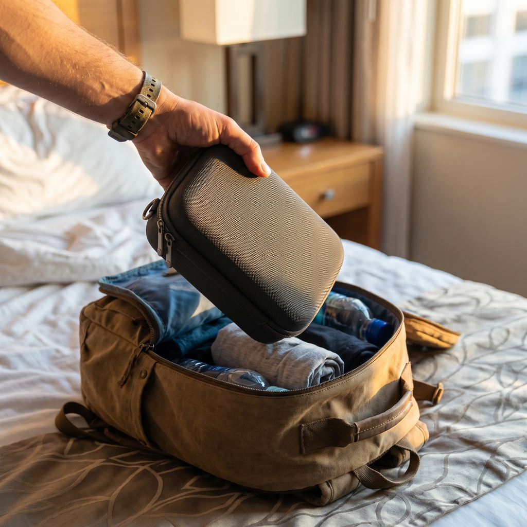 Solis Carry Case — Packed in a backpack