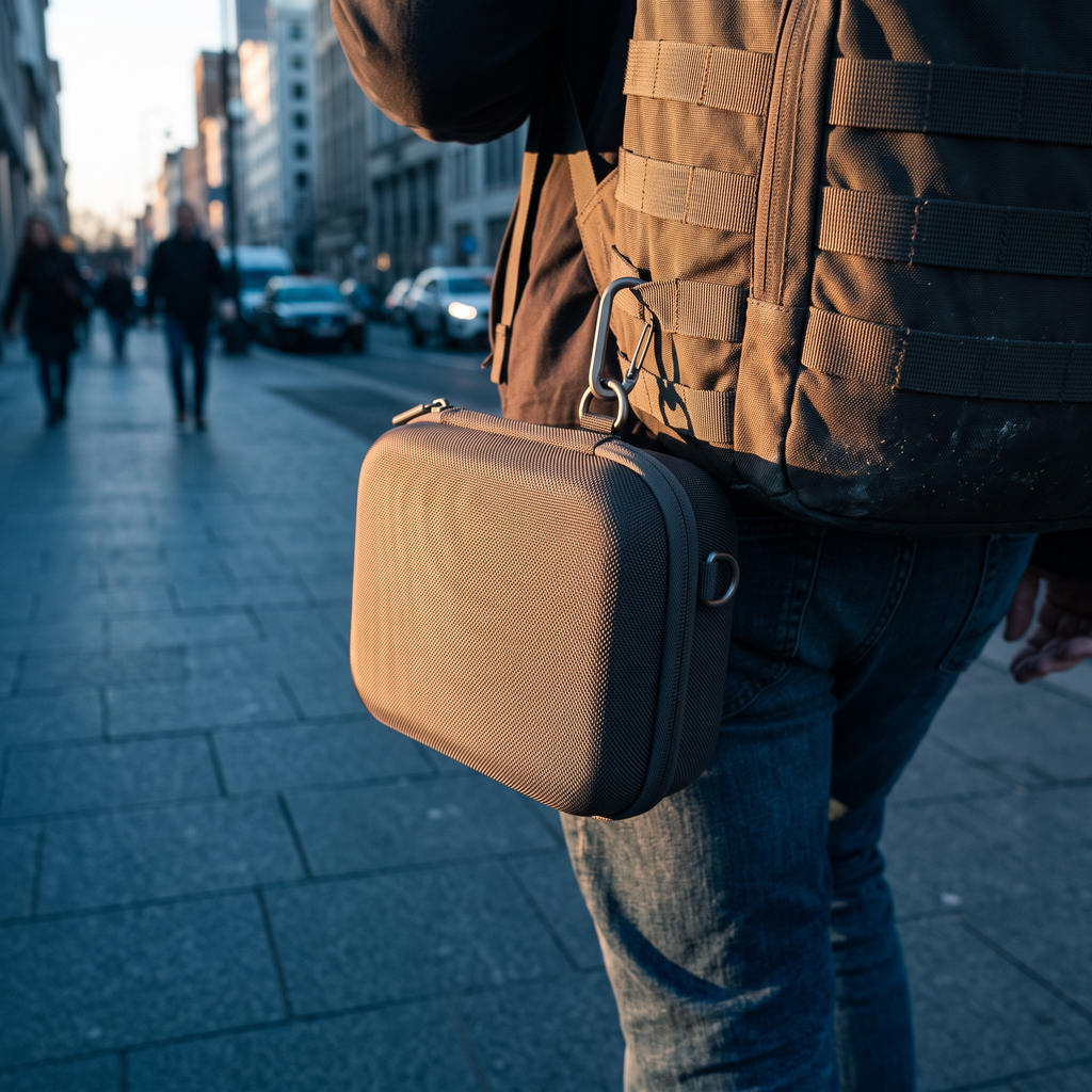 Solis Carry Case — Clipped to a bag with the carabiner
