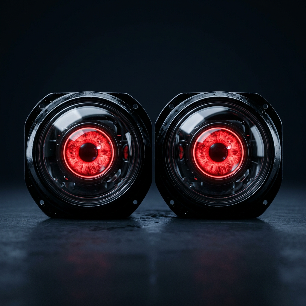 Solis Iris Animated Devil Eye Headlights — both units lit, glowing red iris