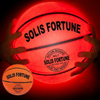 Solis Arc LED Basketball — lit ball in two hands next to the same ball unlit