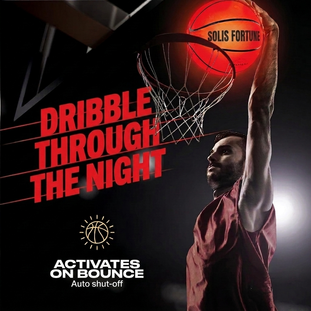 Solis Arc LED Basketball — night dunk; the LEDs wake on the bounce and shut off on their own