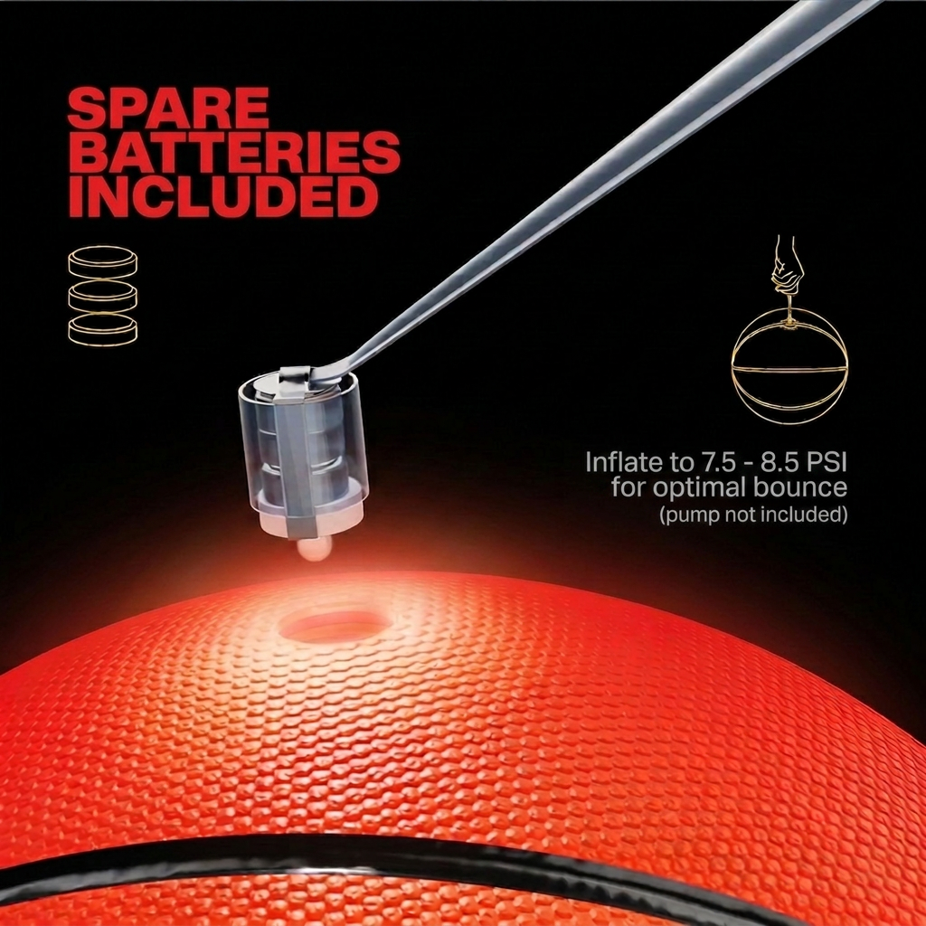 Solis Arc LED Basketball — spare cells and battery tool included; inflate to 7.5–8.5 PSI