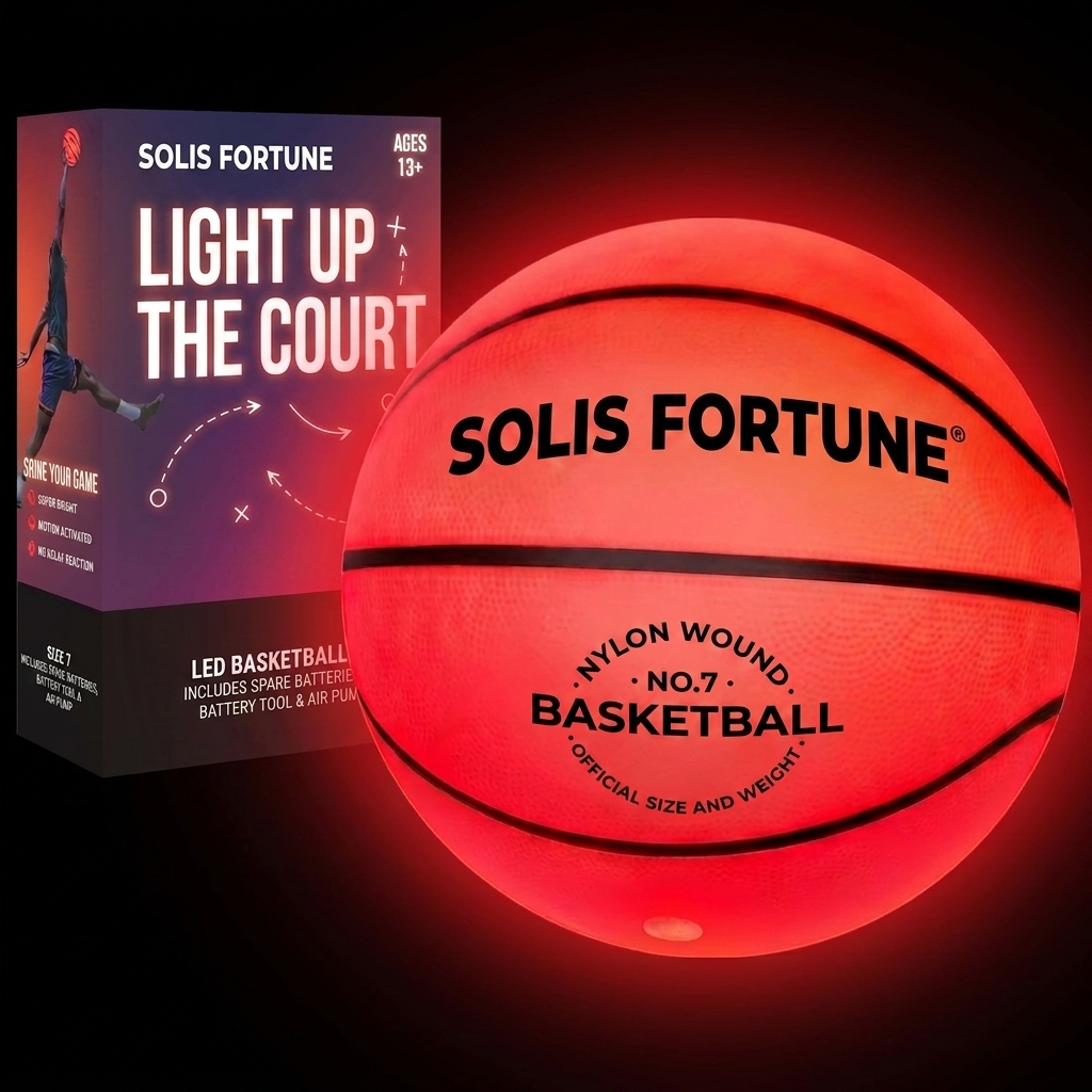 Solis Arc LED Basketball — lit ball beside its retail box, No. 7 nylon-wound