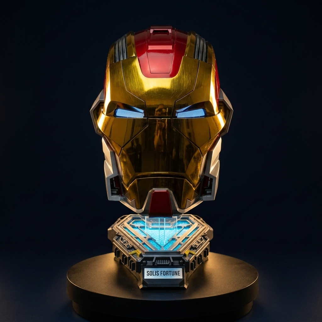 Solis Aegis MK-XVII Collector Helmet — front view on the lit display base