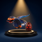 Solis Naja RC Cobra in blue floating above a lit black podium with its red-and-black egg-shaped infrared remote