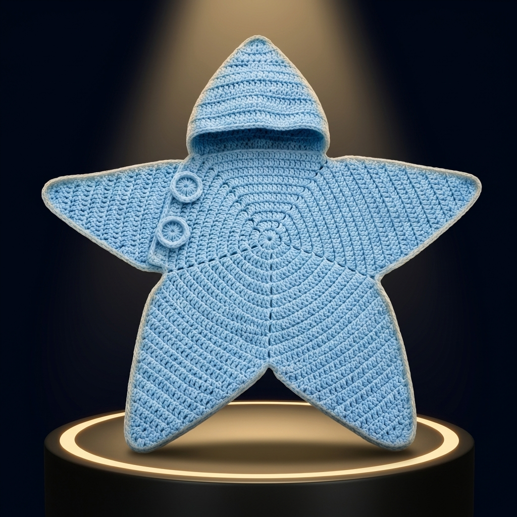The Solis Star Suit in blue on a lit black podium, showing the pointed hood and the two shoulder buttons