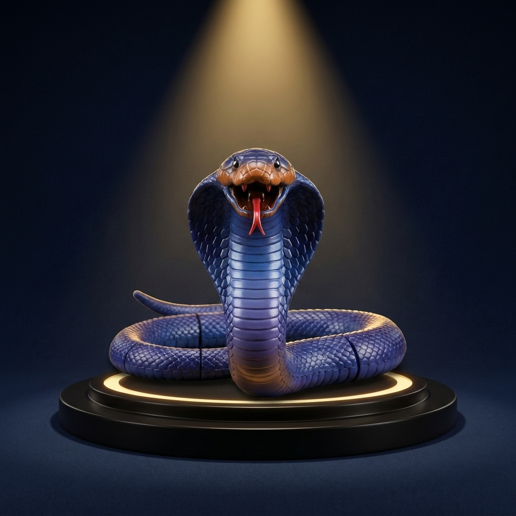 The Solis Naja cobra rearing head-on with its hood fully flared, mouth open and red forked tongue out, lit by a gold spotlight