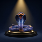 The Solis Naja cobra rearing head-on with its hood fully flared, mouth open and red forked tongue out, lit by a gold spotlight