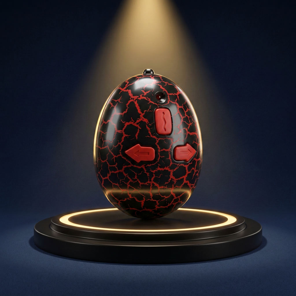 The egg-shaped infrared remote, black with a red crackle finish and red forward, left and right buttons