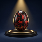 The egg-shaped infrared remote, black with a red crackle finish and red forward, left and right buttons