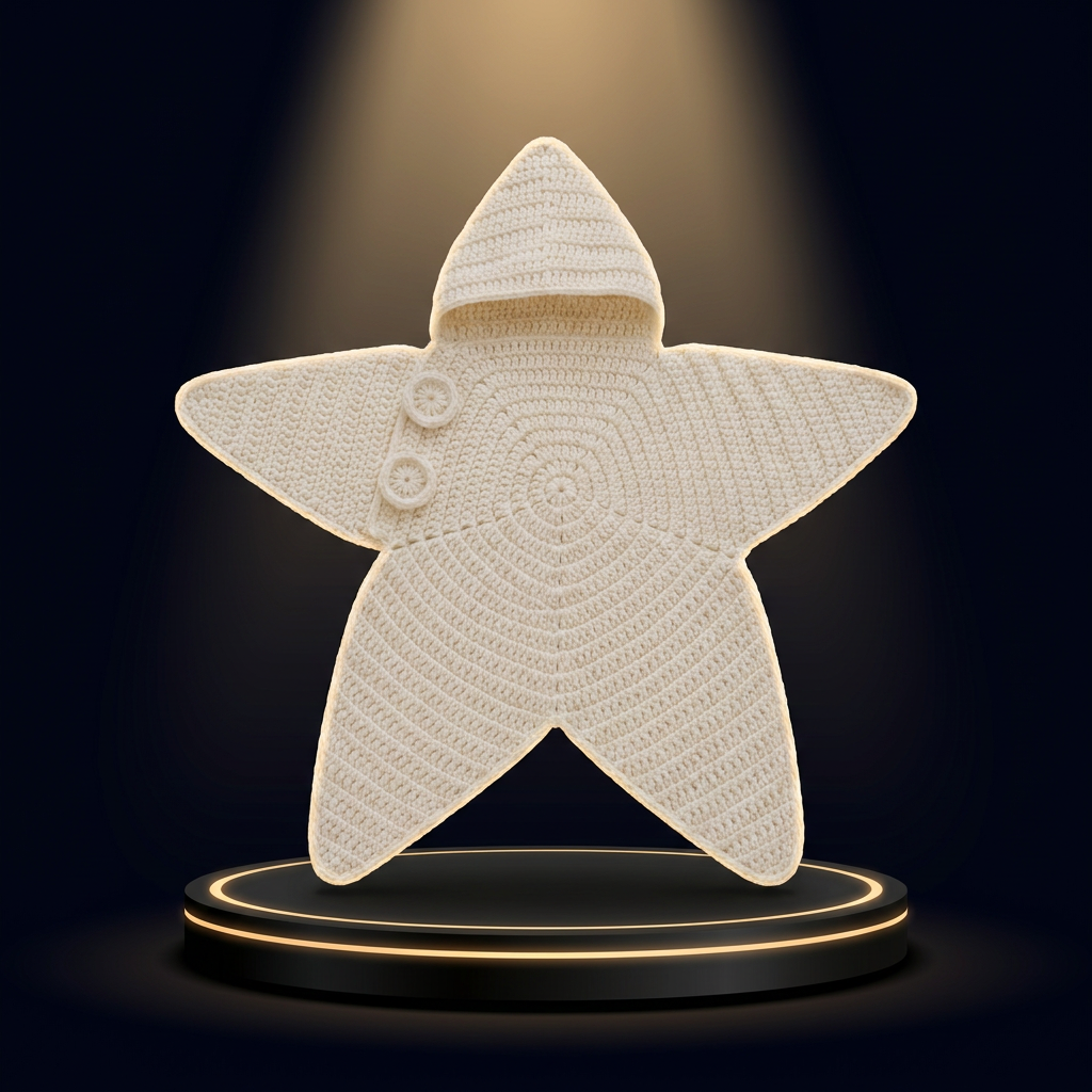 The Solis Star Suit in cream white on a lit black podium