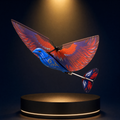 Solis Falco RC flying bird in mid-flight with both wings spread, above a lit black podium in a deep navy studio void
