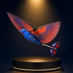 Solis Falco RC flying bird in mid-flight with both wings spread, above a lit black podium in a deep navy studio void