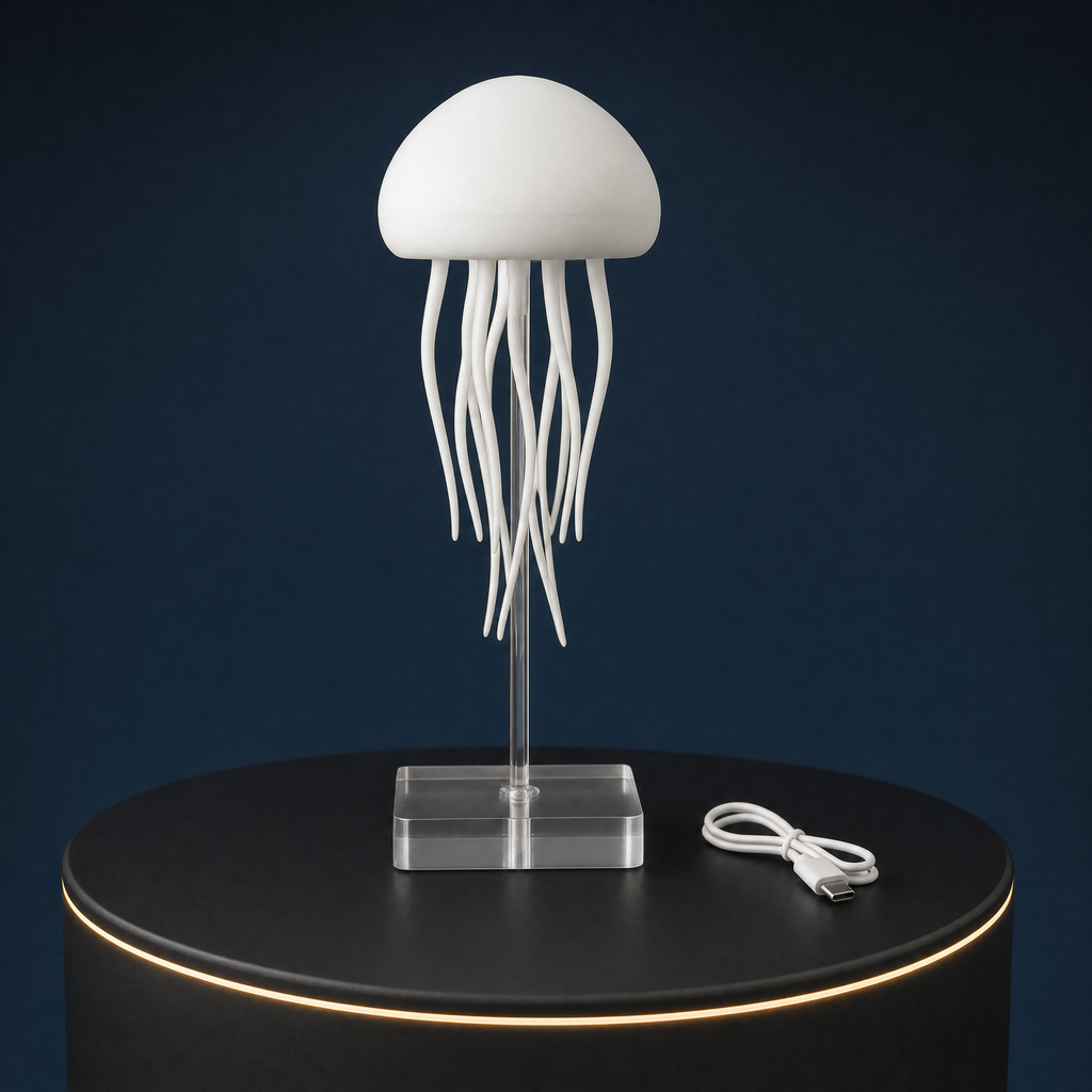 The Solis Medusa switched off, showing the white dome, the silicone tentacles, the clear acrylic pillar and base, and the USB-C cable