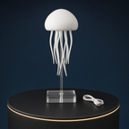 The Solis Medusa switched off, showing the white dome, the silicone tentacles, the clear acrylic pillar and base, and the USB-C cable