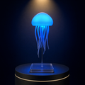 The Solis Medusa jellyfish lamp lit deep ocean blue on a lit black podium, tentacles hanging beneath the dome