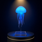 The Solis Medusa jellyfish lamp lit deep ocean blue on a lit black podium, tentacles hanging beneath the dome