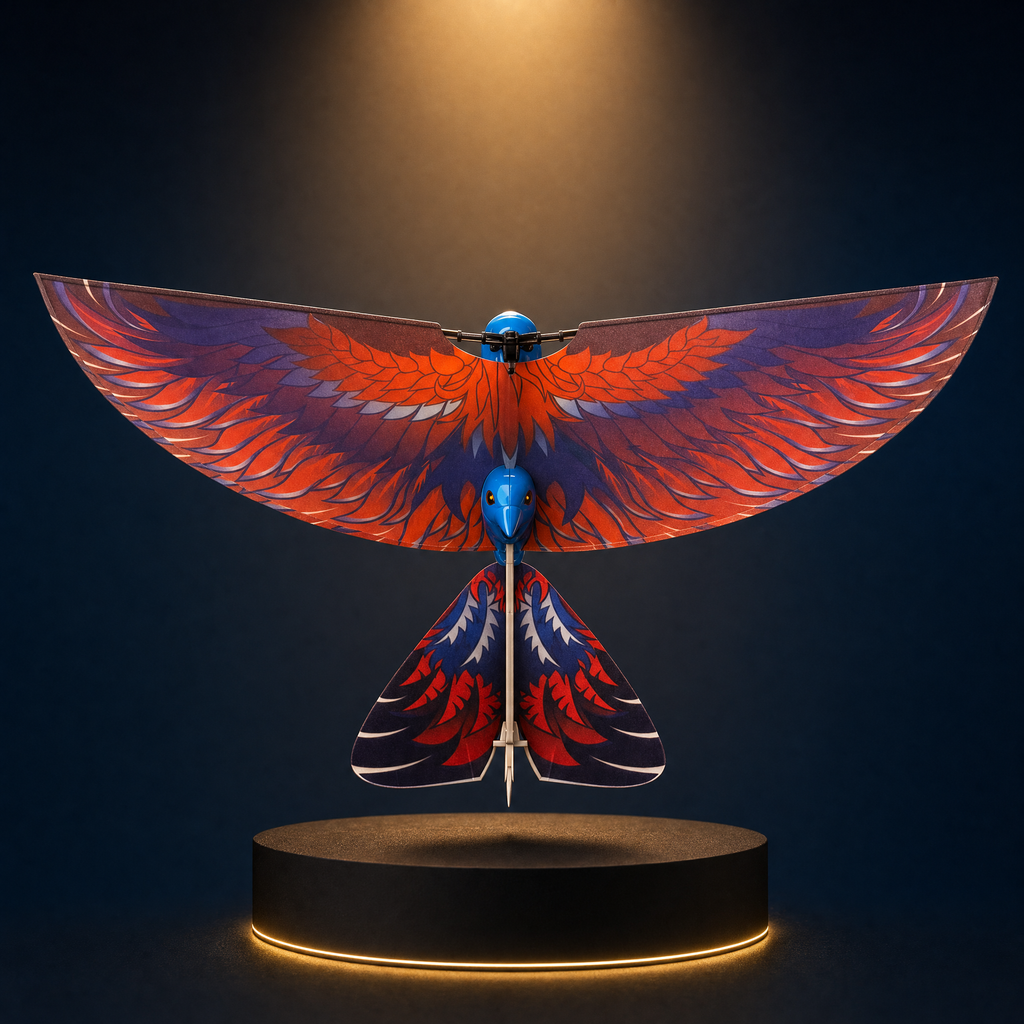 The Solis Falco seen head-on with its printed red and navy feather wings fully spread and level