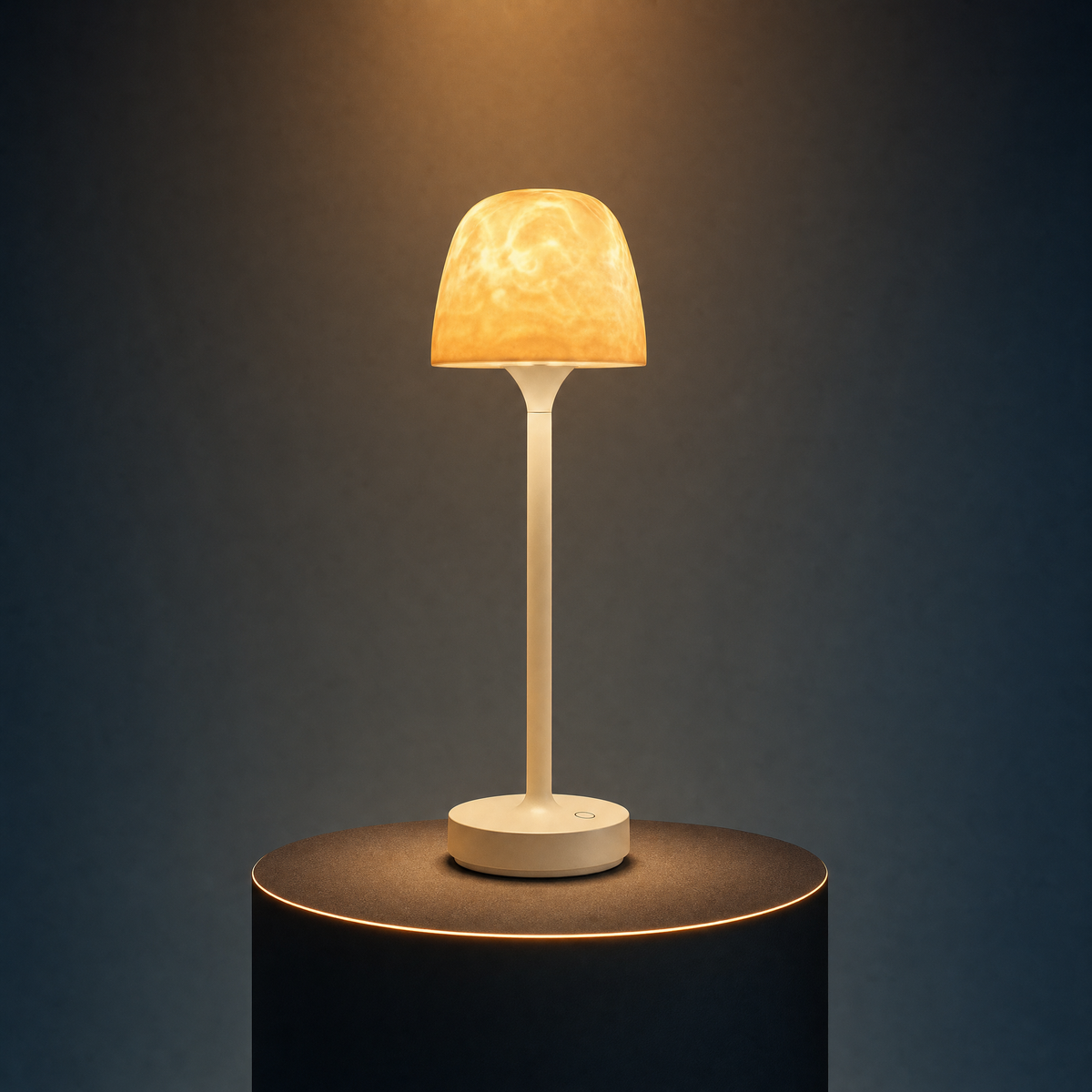 The Solis Vesta table lamp on a lit black podium, warm amber light through its textured dome shade