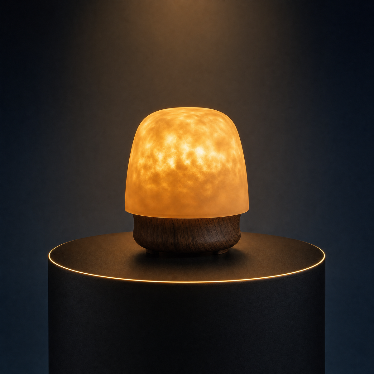 The Solis Lumen ripple lamp on a lit black podium, warm amber light through its textured dome