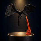 The Solis Draco dragon bookend on a lit black podium, wings spread, the flame column standing beneath its jaws