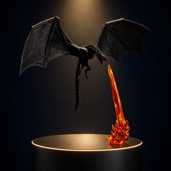 Le serre-livres dragon Solis Draco sur un podium noir éclairé, ailes déployées, la colonne de flammes dressée sous sa mâchoire