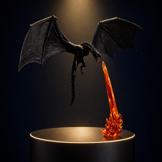 The Solis Draco dragon bookend on a lit black podium, wings spread, the flame column standing beneath its jaws