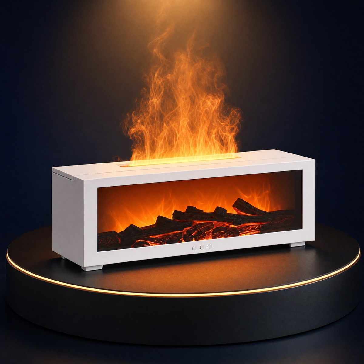 The Solis Hearth flame diffuser in white on a lit black podium, flame effect rising from the top and the ember bed glowing behind the glass