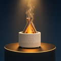 The Solis Pyre campfire diffuser on a lit black podium, flame effect rising between its logs