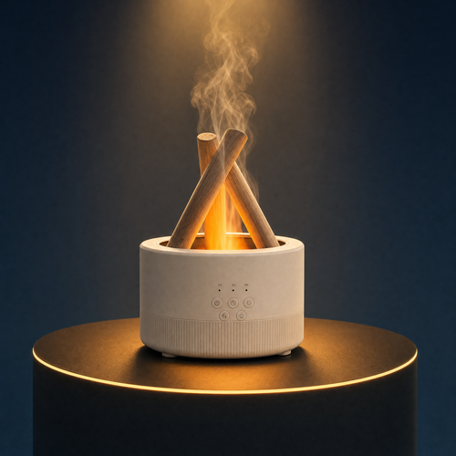 The Solis Pyre campfire diffuser on a lit black podium, flame effect rising between its logs